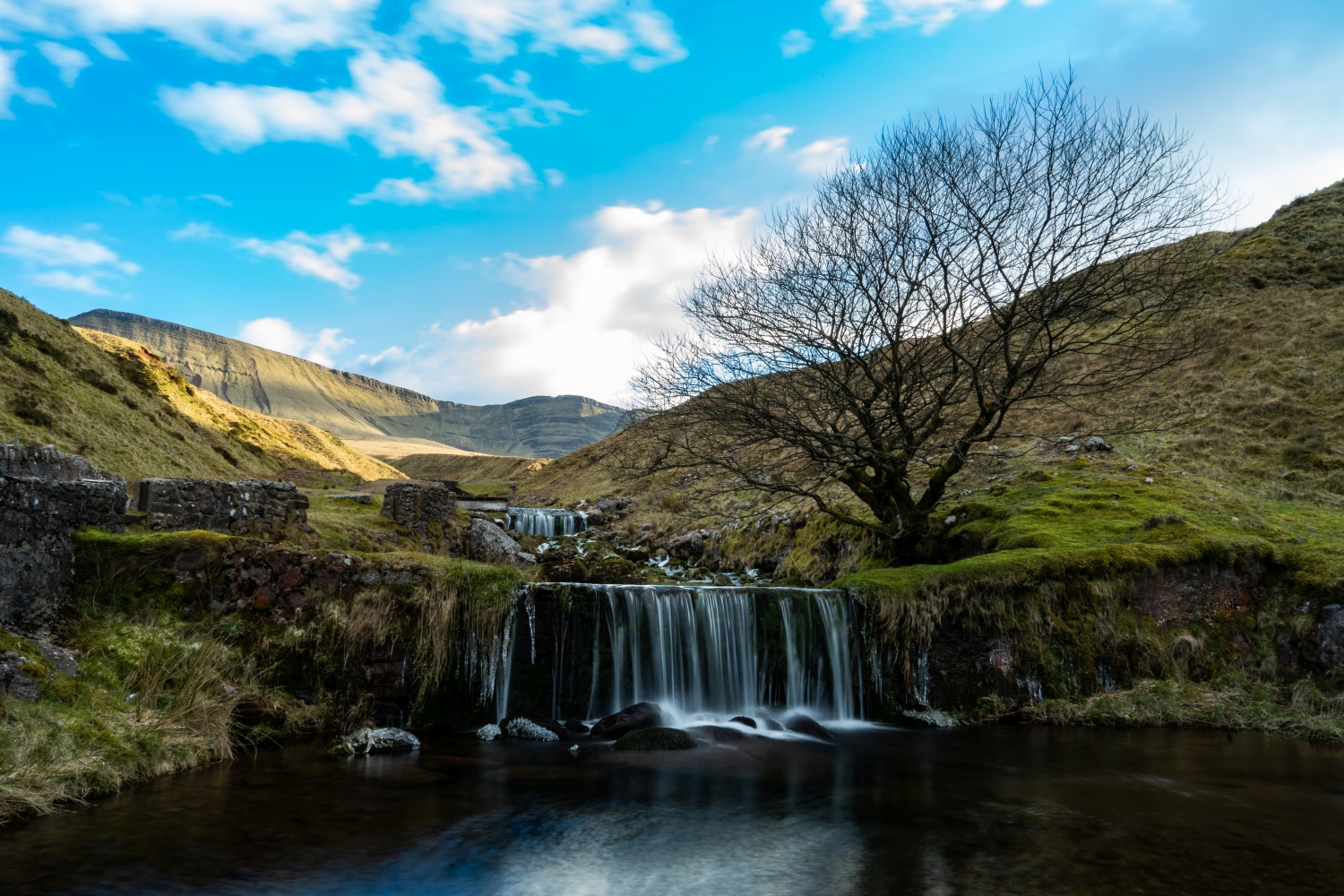 Two waterfalls across stoney landscape - Llyn Y Fan, Carmarthen Fan