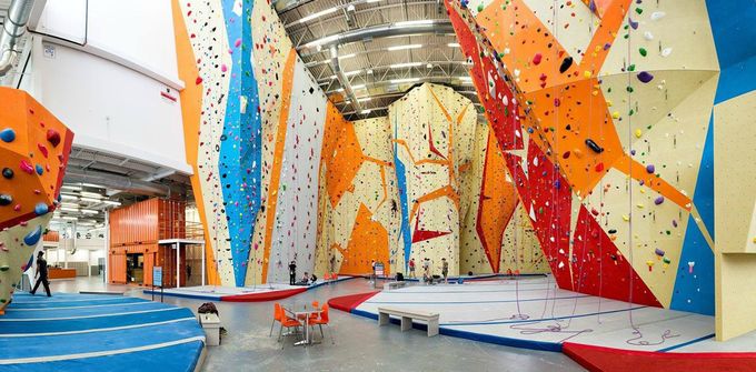An indoor rock climbing wall