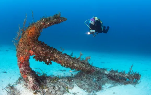 diver investigates giant anchor