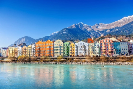 Innsbruck waterfront with mountains behind