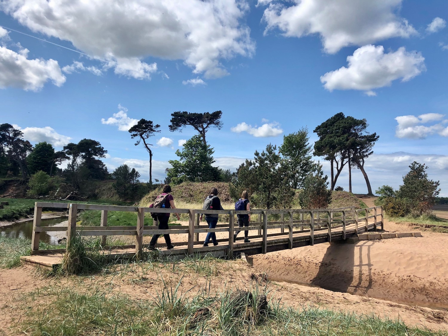 People walking along sandy bridge - John Muir Country Park, East Lothian 