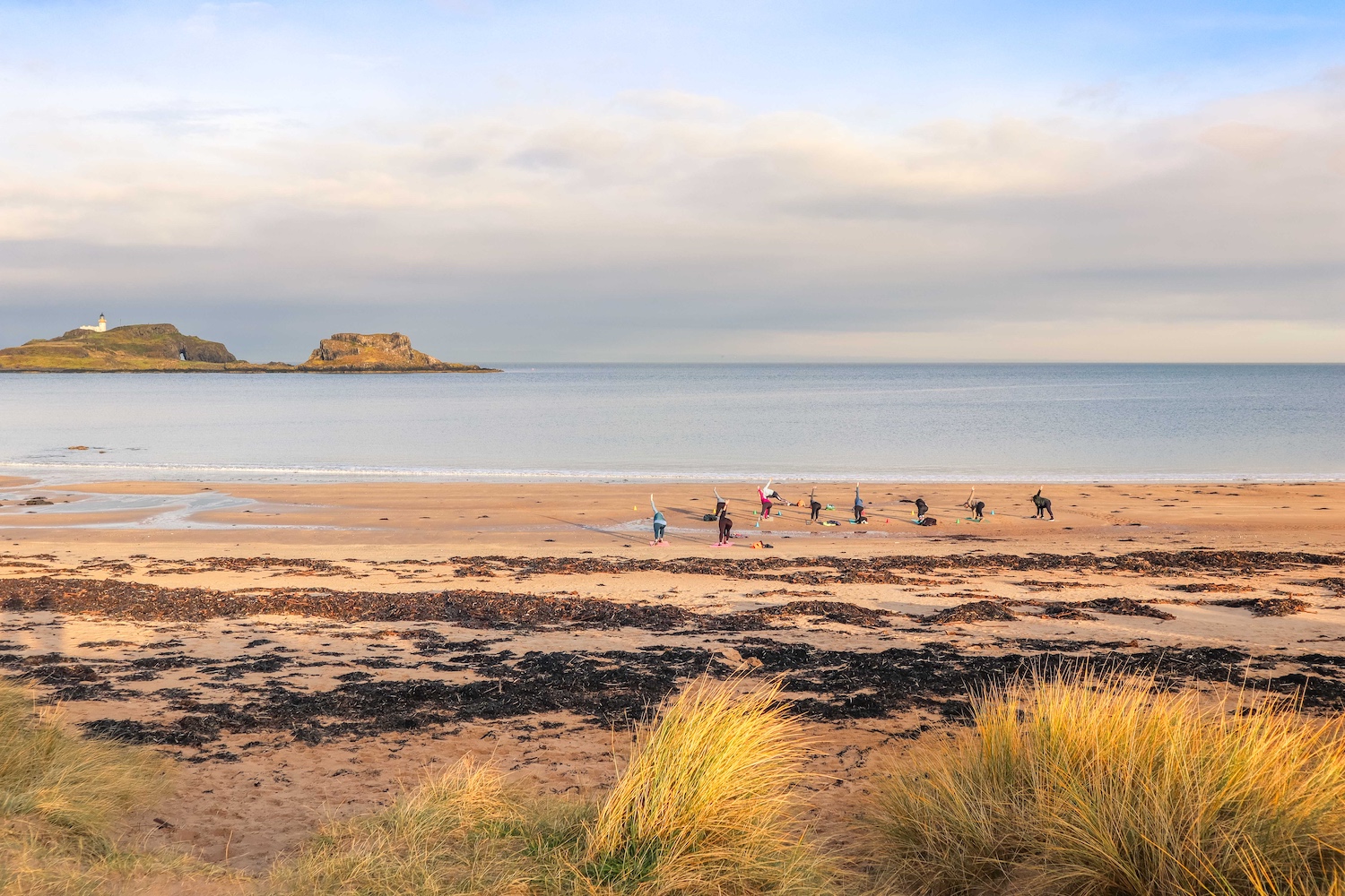 People doing yoga on beach at dawn, East Lothian