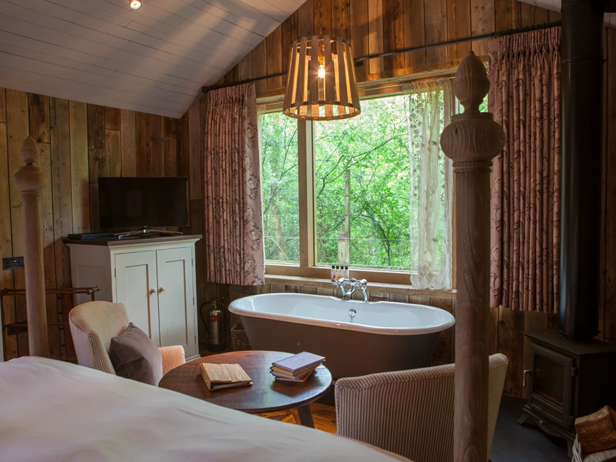 Wooden forest cabin with bath in bedroom, New Forest