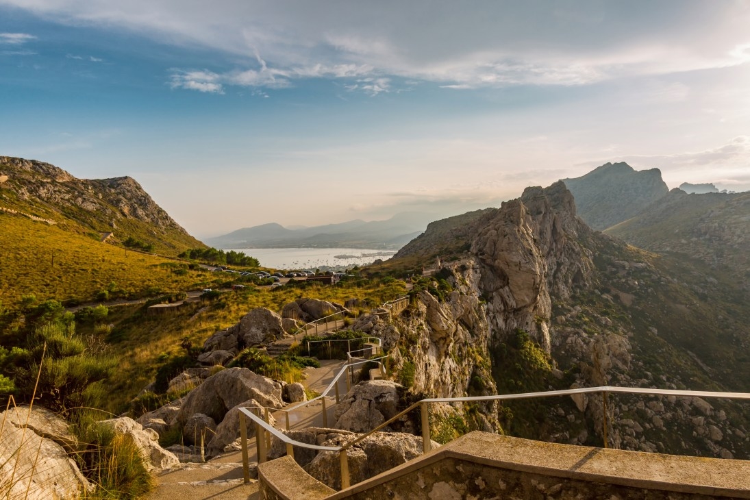 footpath in mountains of mallorca with view to alcudia