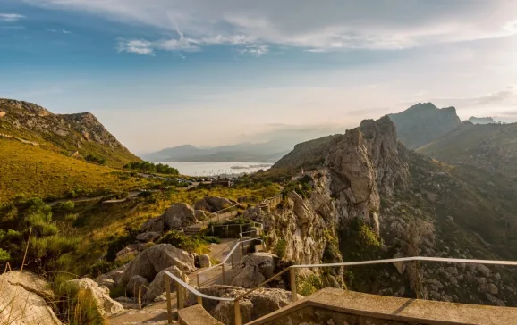 footpath in mountains of mallorca with view to alcudia