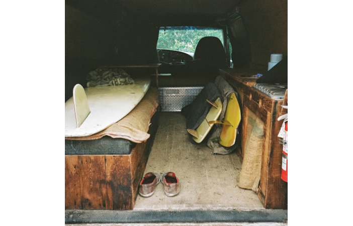 Camper Van Interior Rustic Surfboards van-life.net